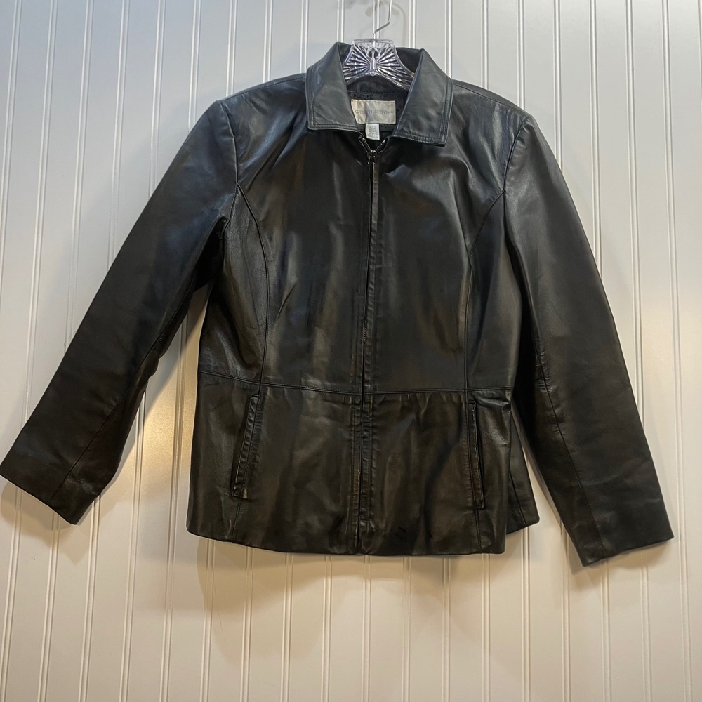 Worthington Black Genuine Leather Jacket Petite Medium Zip Front Nappa Moto Coat